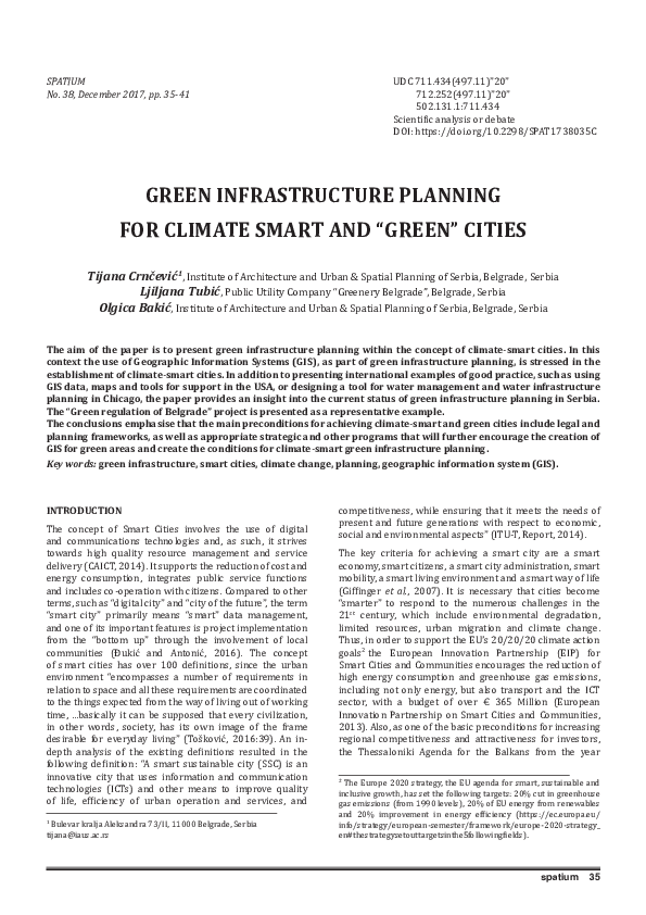 (PDF) Green infrastructure planning for climate smart and "green" cities