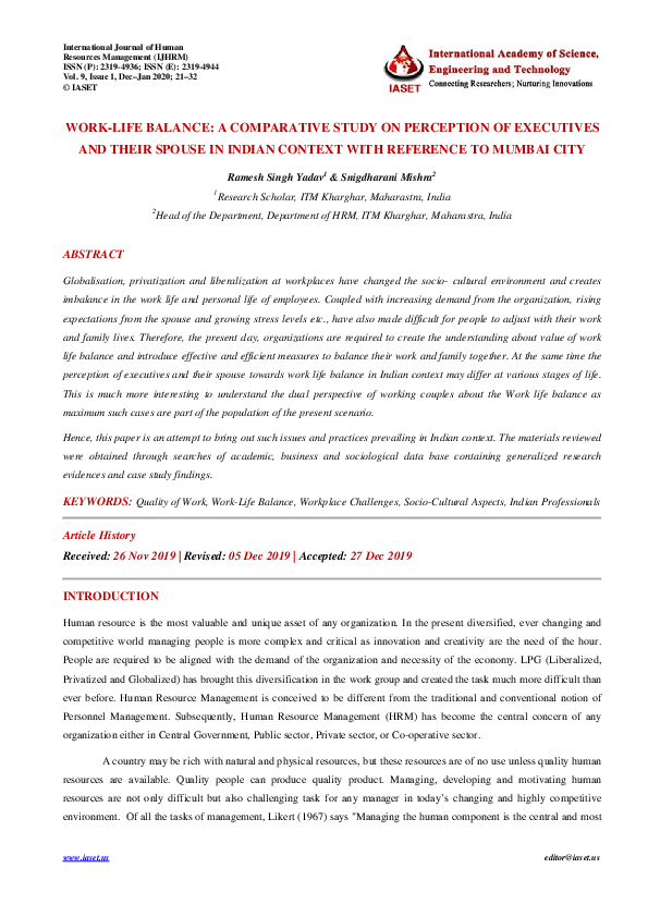 (PDF) WORK-LIFE BALANCE: A COMPARATIVE STUDY ON PERCEPTION OF ...