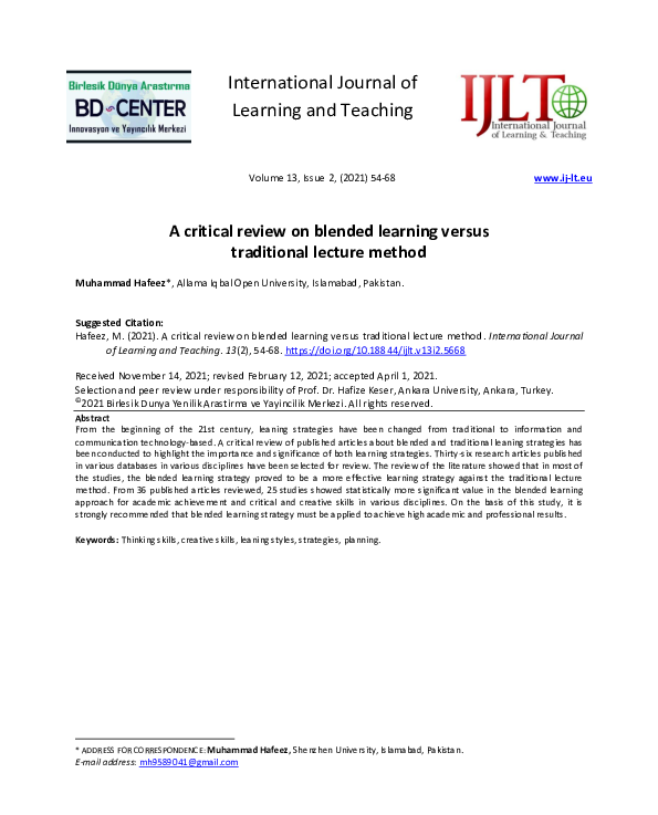 (PDF) A critical review on blended learning versus traditional lecture ...