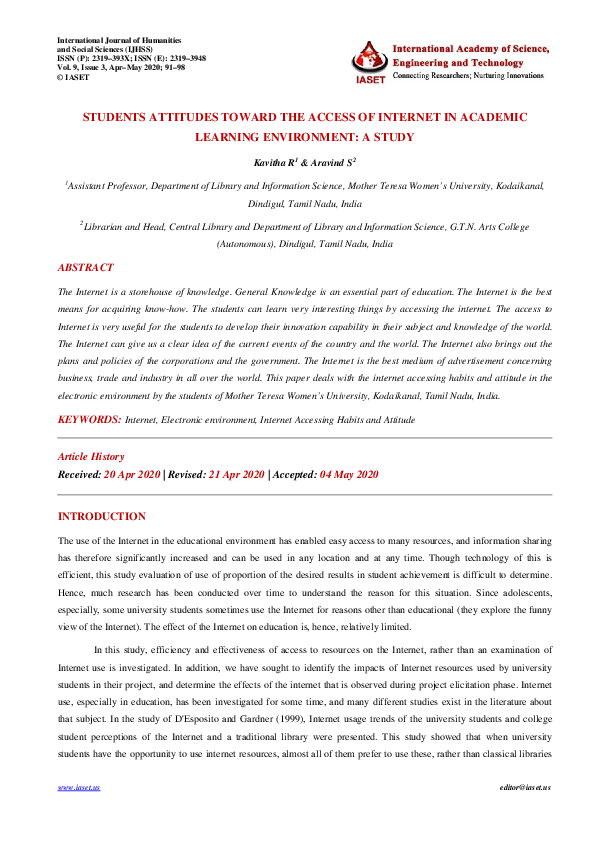 (PDF) STUDENTS ATTITUDES TOWARD THE ACCESS OF INTERNET IN ACADEMIC ...