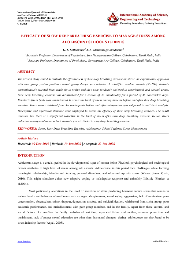(PDF) EFFICACY OF SLOW DEEP BREATHING EXERCISE TO MANAGE STRESS AMONG ...