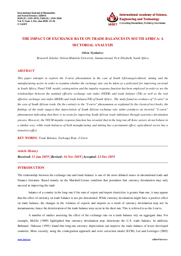 (PDF) THE IMPACT OF EXCHANGE RATE ON TRADE BALANCES IN SOUTH AFRICA: A ...