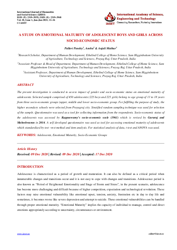 (PDF) A STUDY ON EMOTIONAL MATURITY OF ADOLESCENT BOYS AND GIRLS ACROSS ...