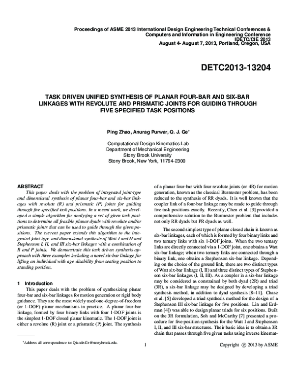 (PDF) Task Driven Unified Synthesis of Planar FourBar and SixBar