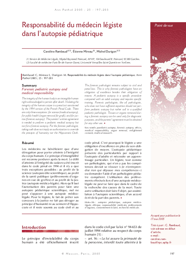 (PDF) Responsabilité du médecin légiste dans l’autopsie pédiatrique