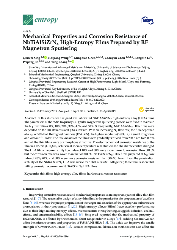 (PDF) Mechanical Properties and Corrosion Resistance of NbTiAlSiZrN x ...