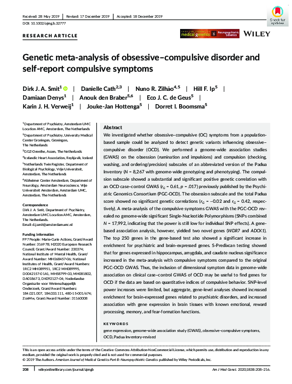(PDF) Genetic meta‐analysis of obsessive–compulsive disorder and self ...