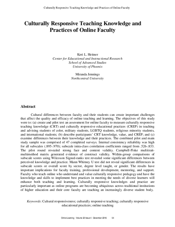(PDF) Culturally Responsive Teaching Knowledge and Practices of Online ...