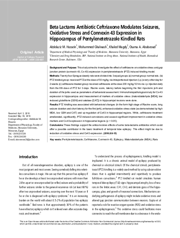 (PDF) Beta Lactams Antibiotic Ceftriaxone Modulates Seizures, Oxidative ...