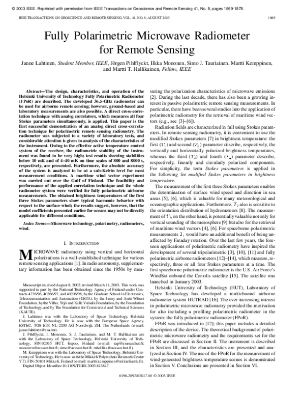 (PDF) Fully polarimetric microwave radiometer for remote sensing