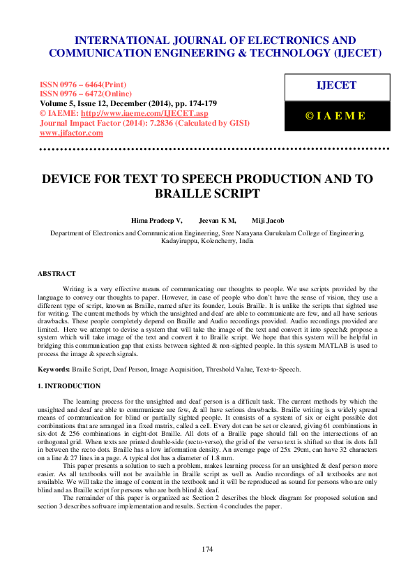 (PDF) DEVICE FOR TEXT TO SPEECH PRODUCTION AND TO BRAILLE SCRIPT