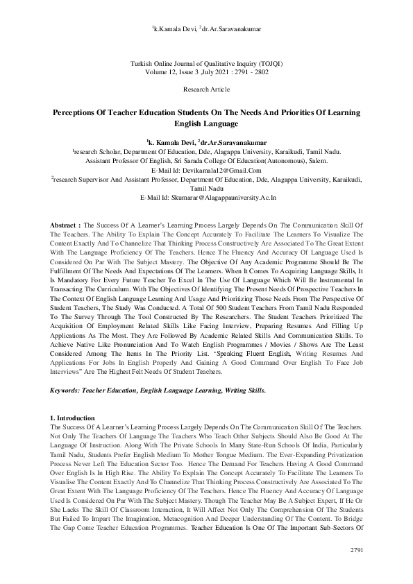 (PDF) Perceptions Of Teacher Education Students On The Needs And ...
