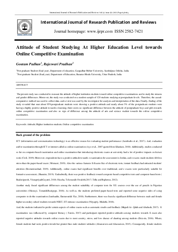 (PDF) ATTITUDE OF STUDENT STUDYING AT HIGHER EDUCATION LEVEL TOWARDS ...
