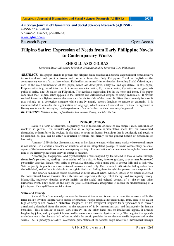 (PDF) Filipino Satire Expression of Needs from Early Philippine Novels
