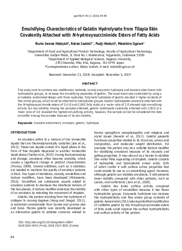 (PDF) Emulsifying Characteristics of Gelatin Hydrolysate from Tilapia