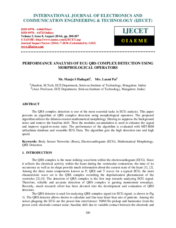 (PDF) PERFORMANCE ANALYSIS OF ECG QRS COMPLEX DETECTION USING ...