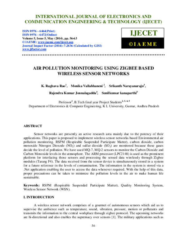 (PDF) AIR POLLUTION MONITORING USING ZIGBEE BASED WIRELESS SENSOR NETWORKS