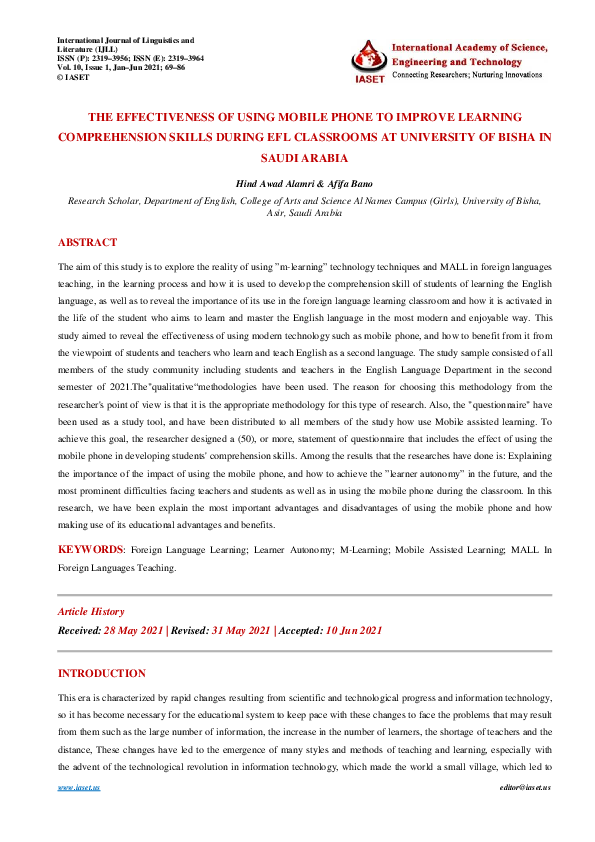 (PDF) THE EFFECTIVENESS OF USING MOBILE PHONE TO IMPROVE LEARNING ...