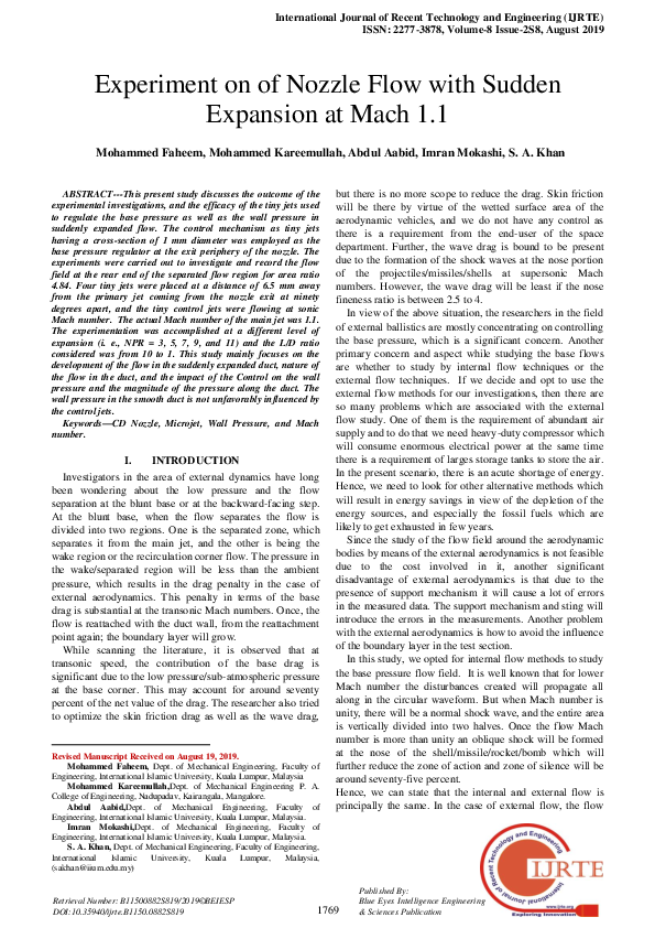 (PDF) Experiment on of Nozzle Flow with Sudden Expansion at Mach 1 1