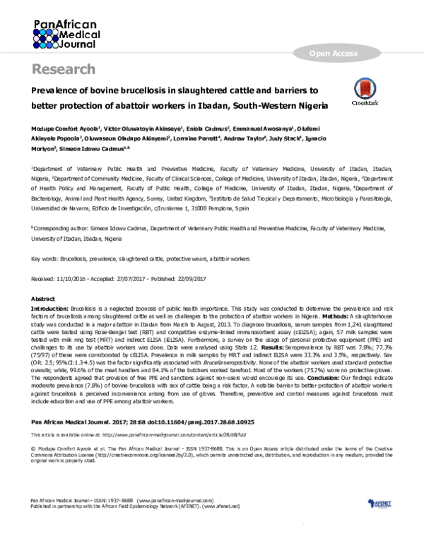 (PDF) Prevalence of bovine brucellosis in slaughtered cattle and ...