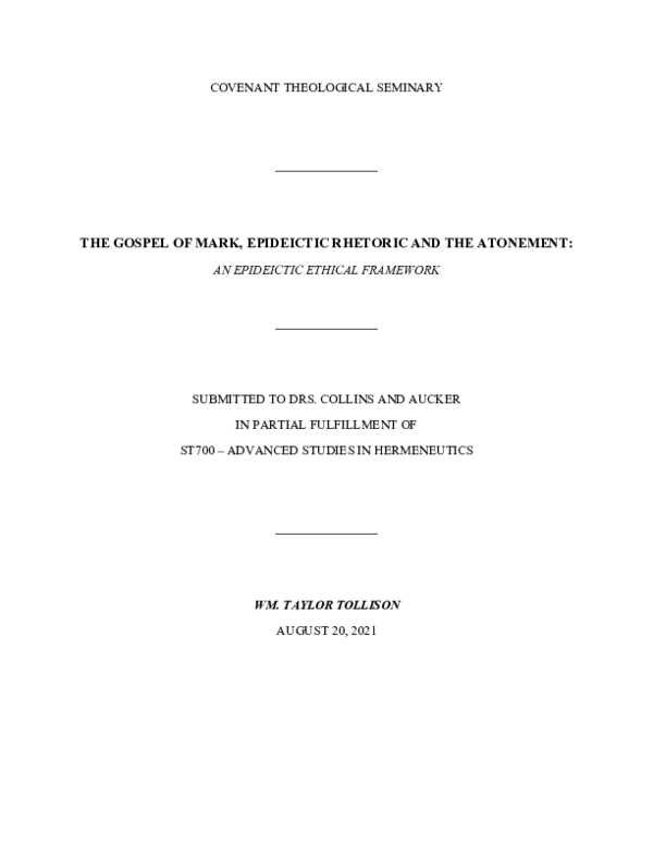 (PDF) Mark, Epideictic Rhetoric and the Atonement