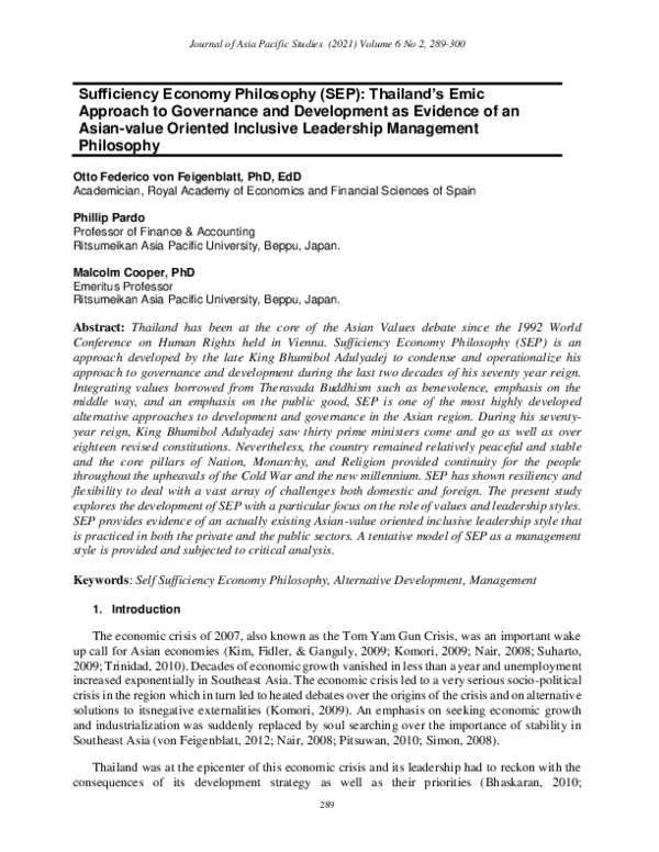 Sufficiency Economy Philosophy (SEP): Thailand's Emic Approach to Governance and Development as Evidence of an Asian-value Oriented Inclusive Leadership Management Philosophy