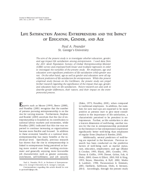 (PDF) Life satisfaction among entrepreneurs and the impact of education ...