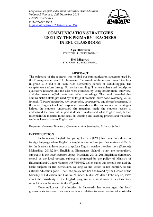 (PDF) Communication Strategies Used by the Primary Teachers in EFL ...