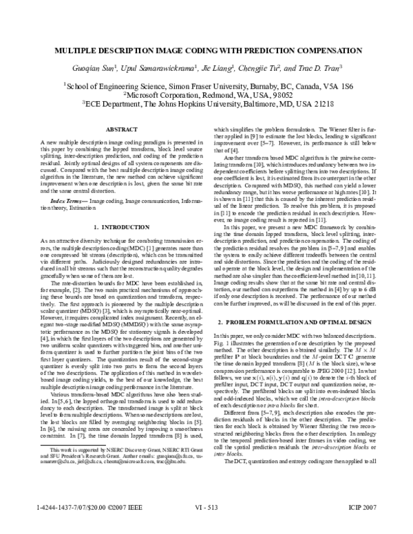 (PDF) Multiple Description Image Codingwith Prediction Compensation