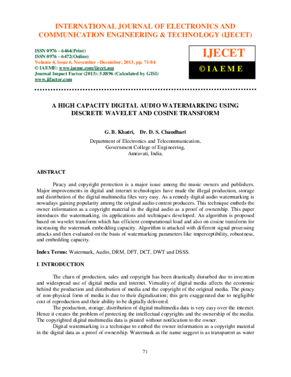 (PDF) A HIGH CAPACITY DIGITAL AUDIO WATERMARKING USING DISCRETE WAVELET ...