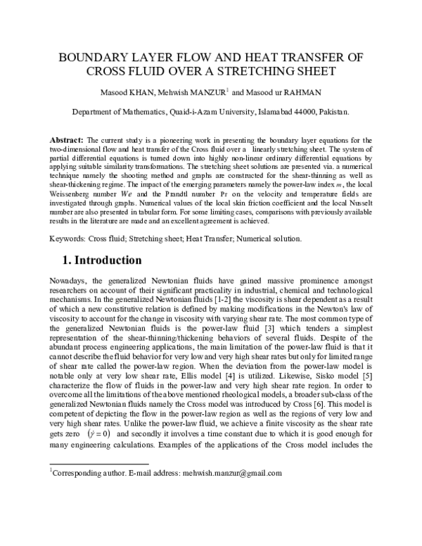 (PDF) Boundary layer flow and heat transfer of cross fluid over a ...