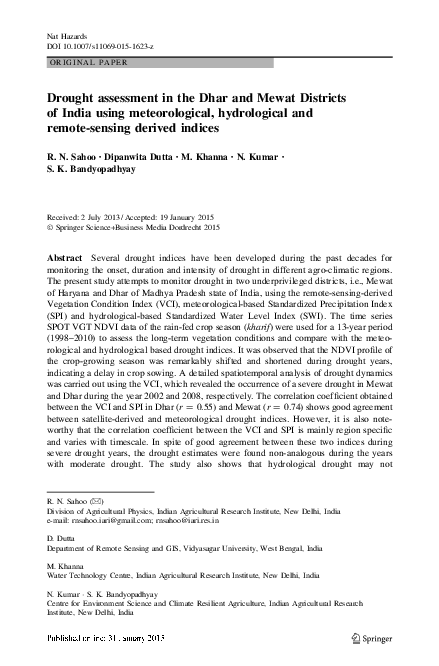 (PDF) Drought assessment in the Dhar and Mewat Districts of India using ...