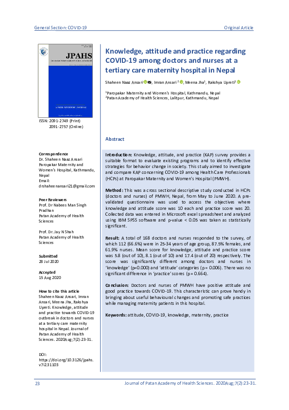 (PDF) Knowledge, attitude and practice regarding COVID-19 among doctors ...