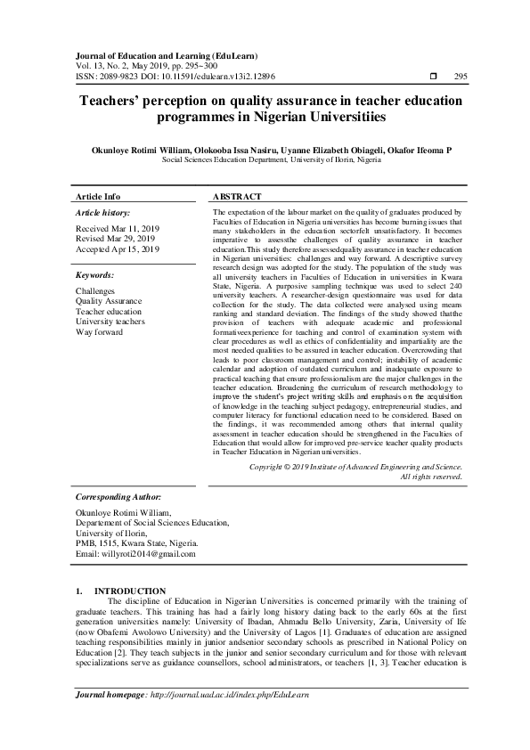 (PDF) Teachers' perception on quality assurance in teacher education ...