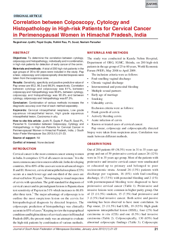 (PDF) Correlation between Colposcopy, Cytology and Histopathology in ...