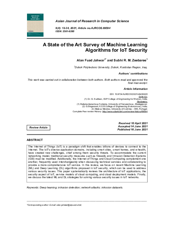 (PDF) A State of the Art Survey of Machine Learning Algorithms for IoT ...