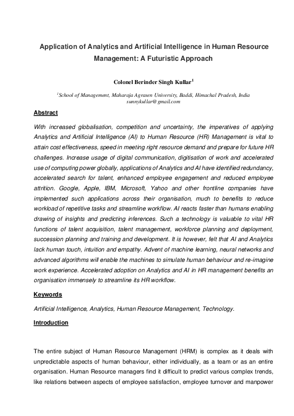 (PDF) Application of Analytics and Artificial Intelligence in Human ...