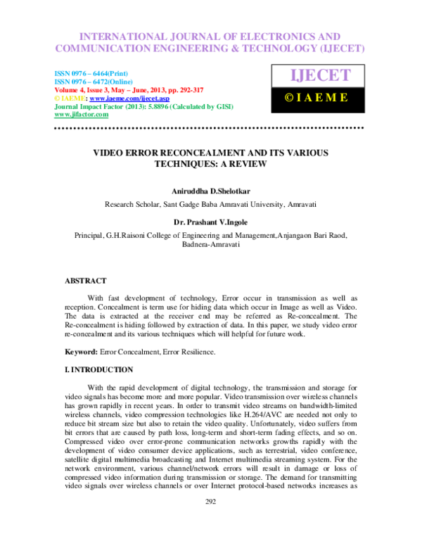 (PDF) VIDEO ERROR RECONCEALMENT AND ITS VARIOUS TECHNIQUES: A REVIEW