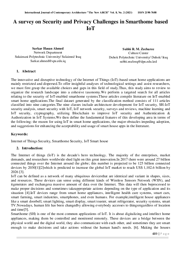 (PDF) A survey on Security and Privacy Challenges in Smarthome based IoT