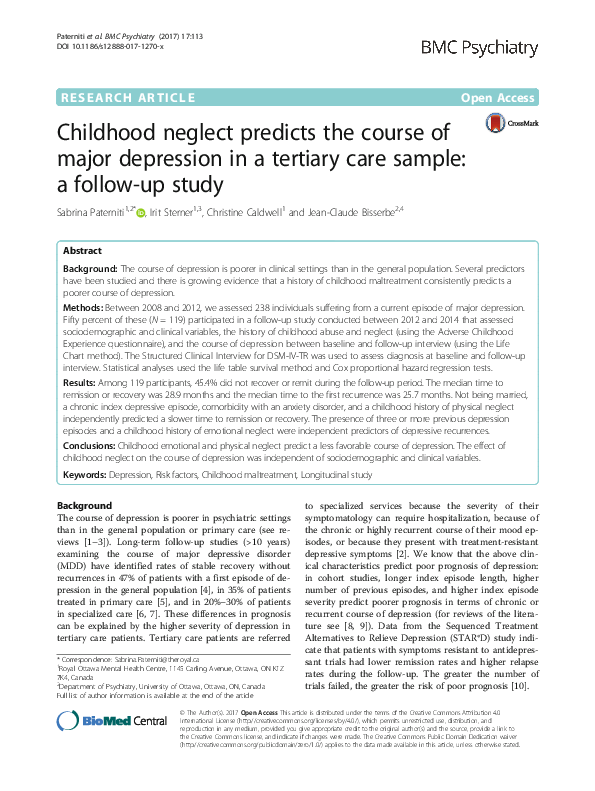 (PDF) Childhood neglect predicts the course of major depression in a ...