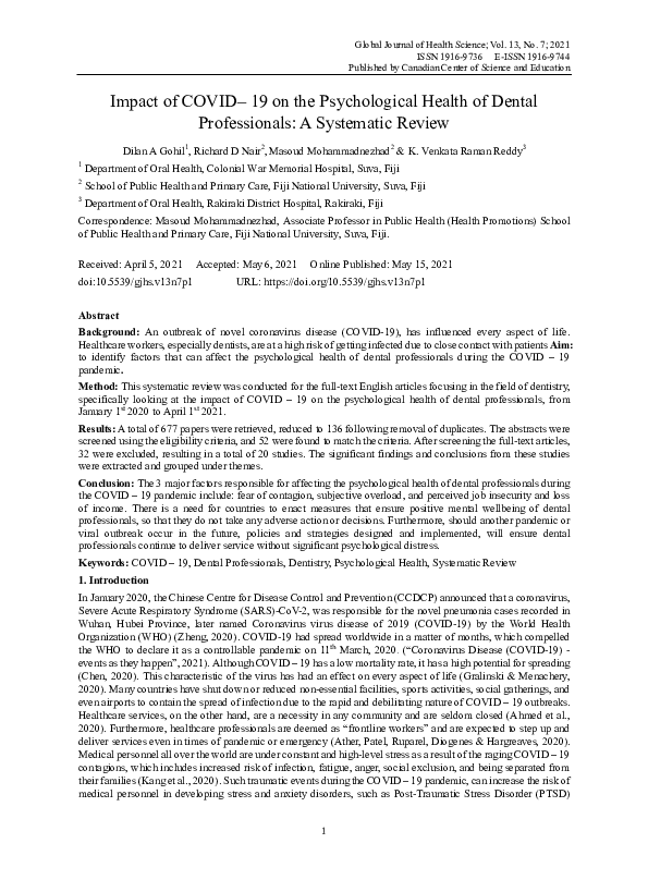 (PDF) Impact of COVID– 19 on the Psychological Health of Dental ...