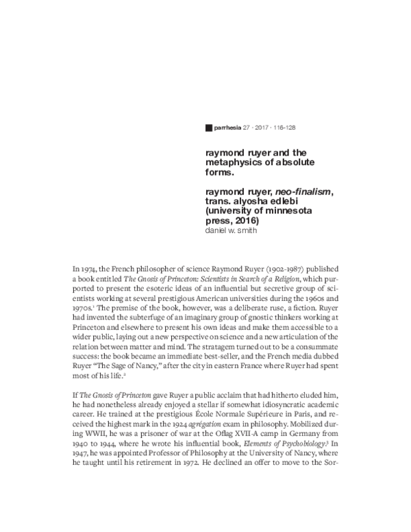 (PDF) Raymond Ruyer and the Metaphysics of Absolute Forms