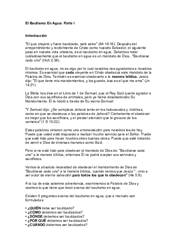 El Bautismo En Agua: Parte I