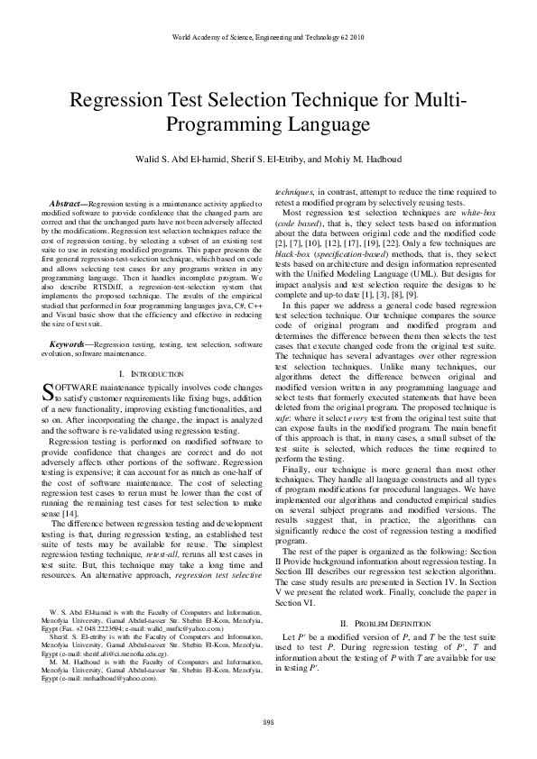 (PDF) Regression test selection technique for multi-programming language