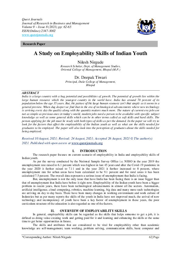 (PDF) A Study on Employability Skills of Indian Youth