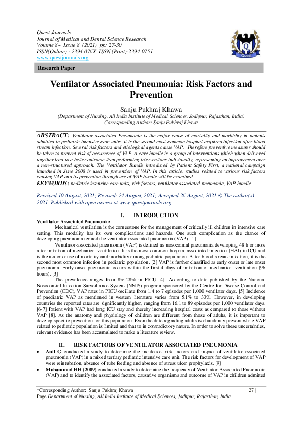 (PDF) Ventilator Associated Pneumonia Risk Factors and Prevention