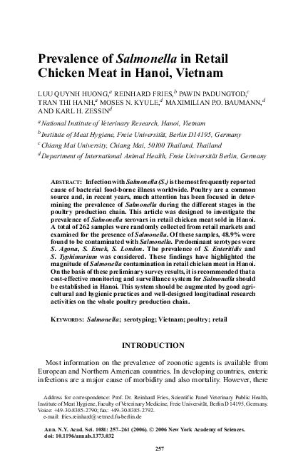 (PDF) Prevalence of Salmonella in retail chicken meat in Hanoi, Vietnam