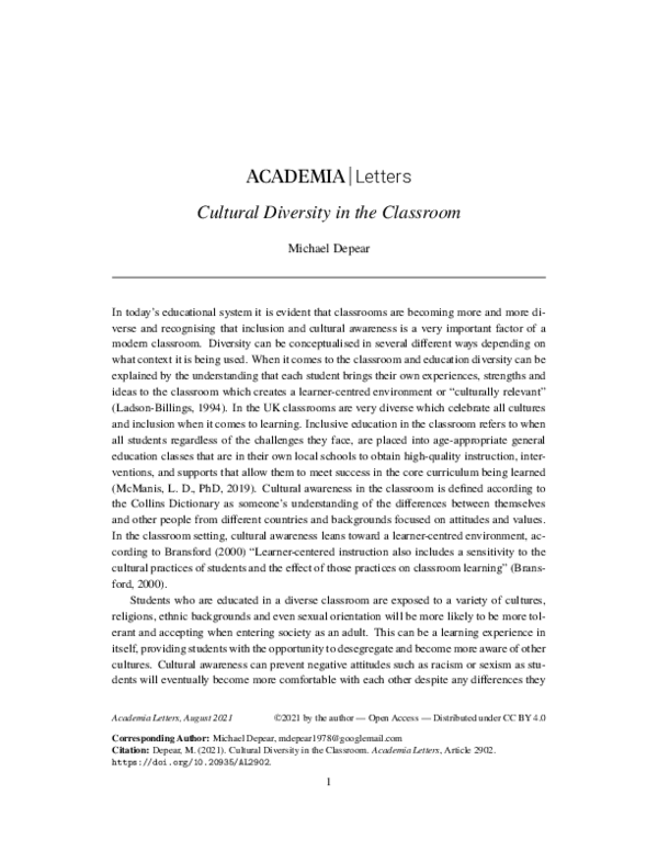 (PDF) Cultural Diversity in the Classroom