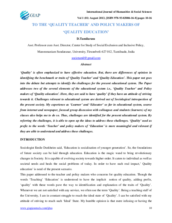 (PDF) TO THE 'QUALITY TEACHER' AND POLICY MAKERS OF 'QUALITY EDUCATION'