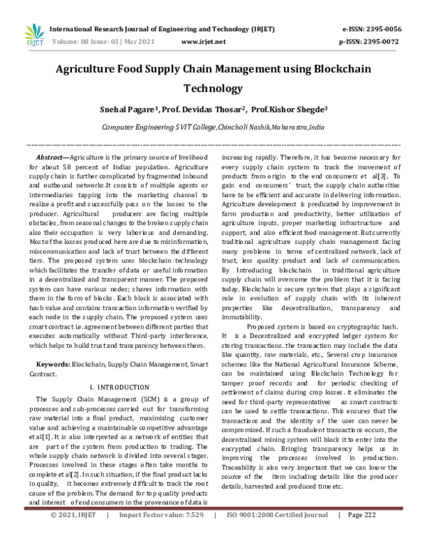 (PDF) Agriculture Food Supply Chain Management using Blockchain